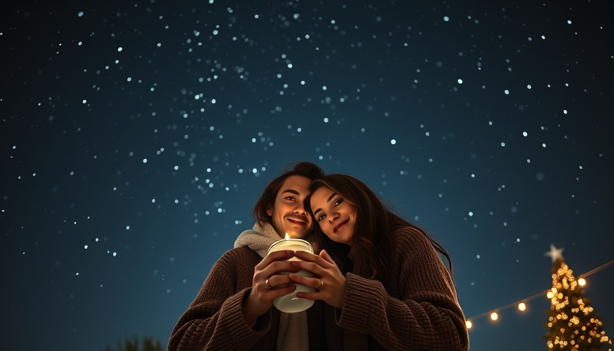 Couple gazing at starry night, embracing warmly with a mug.