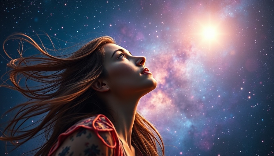 Contemplative woman gazing at star in colorful cosmic sky, grieving a dream's loss.