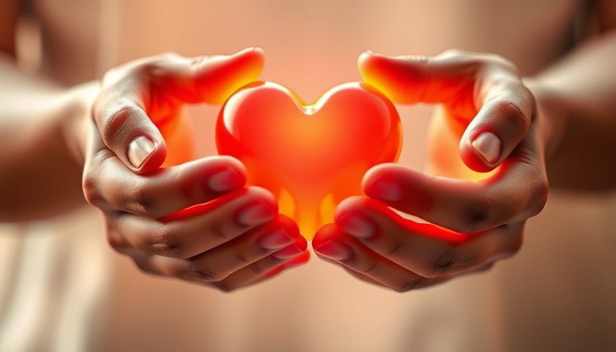 Two hands holding a glowing heart, message of love and support, digital art.