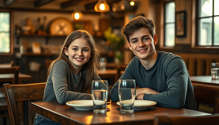 Young girl and teen boy smiling at cozy restaurant, neighborhood connection.