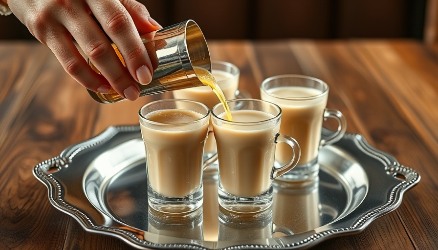 Hand pouring Karak Chai into cups on silver tray.