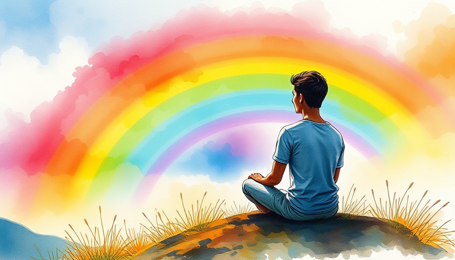 Silhouette on hilltop contemplating vibrant rainbow sky, breaking free from overthinking.