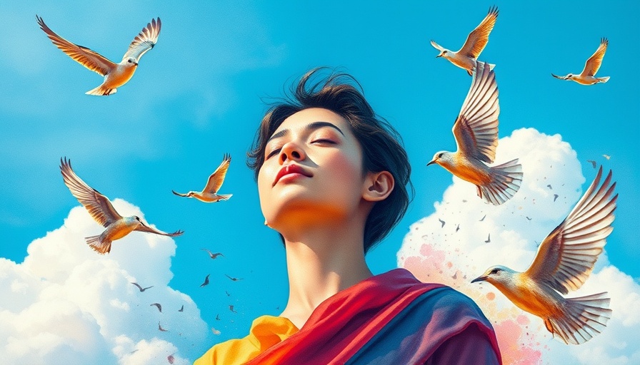 Abstract art illustrating benefits of meditation in daily life with birds and sky.