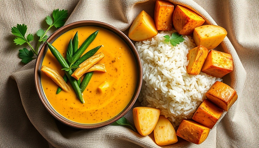 Delicious Thai yellow curry with green beans and potatoes served in bowls.