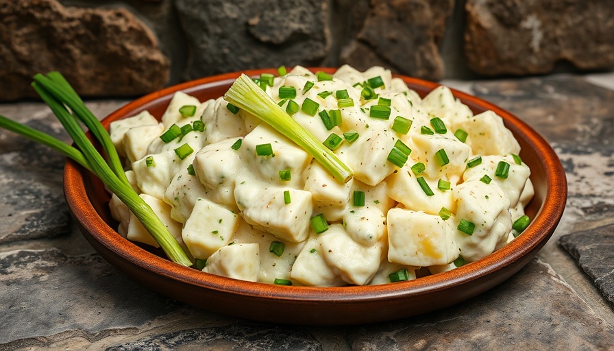 Creamy Scallion Potato Salad on rustic platter.