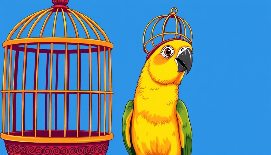 Artistic parrot with cage headgear beside open birdcage, symbolizing mental balance and freedom in enlightenment