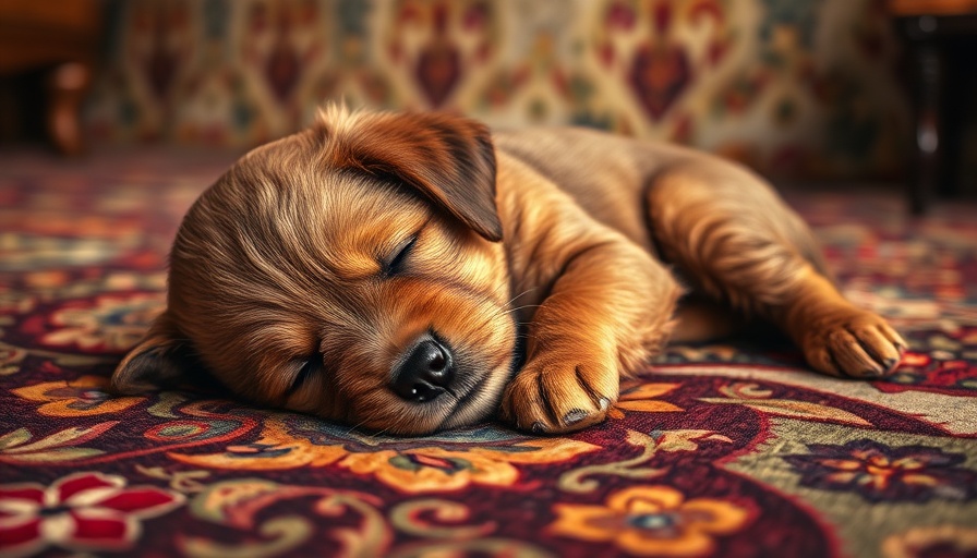 Adorable brown puppy sleeping on colorful carpet, Have a Relaxing Weekend.