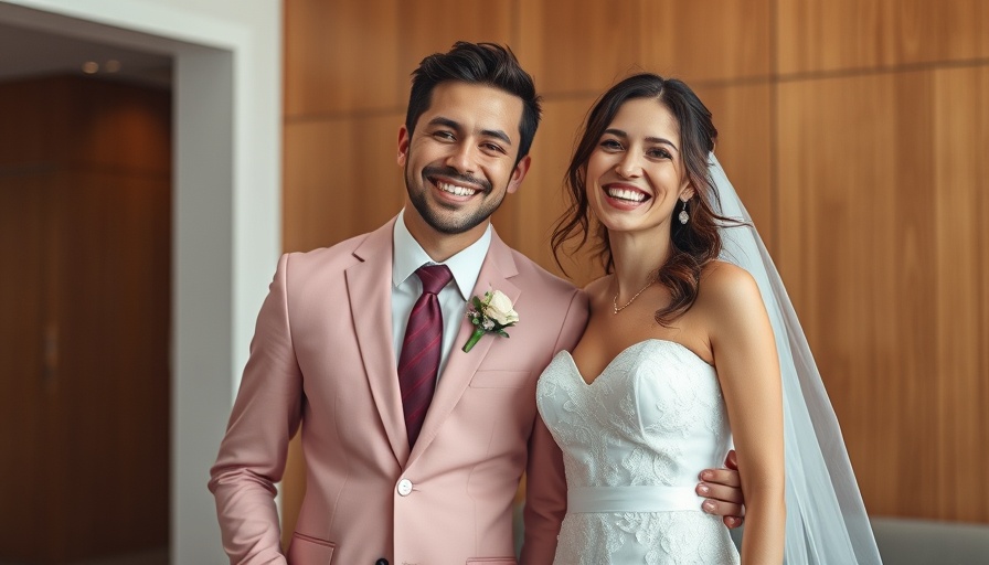 Joyful couple indoors, bride in short wedding dress, groom smiling.