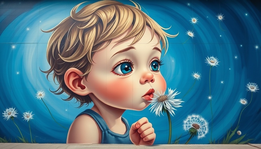 Artistic mural of a child blowing dandelion, symbolizing breathwork.