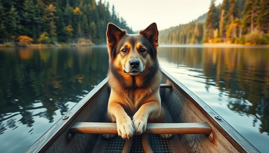 Weekend activities for a healthy lifestyle: Dog in canoe on serene lake.