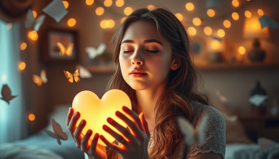 Serene woman embracing self-worth, floating papers, warm light.