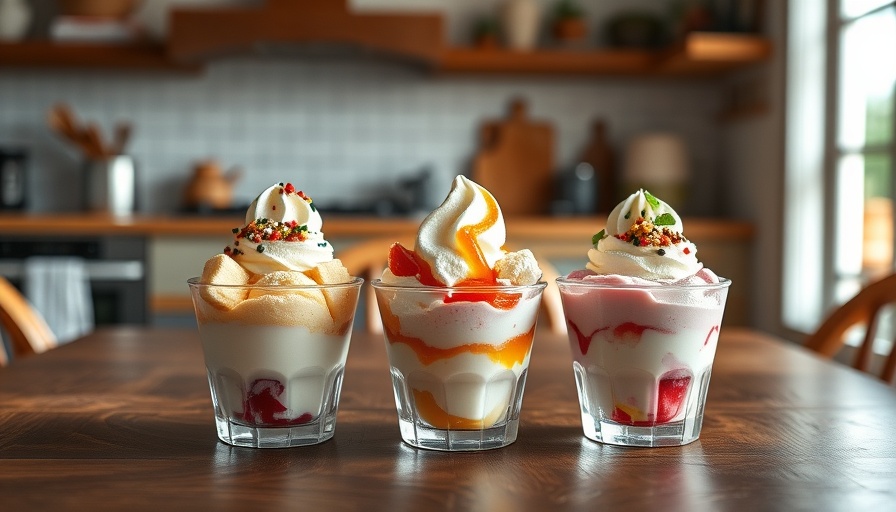 Quest Protein Ice Cream Recipes displayed in small cups on a wooden table.