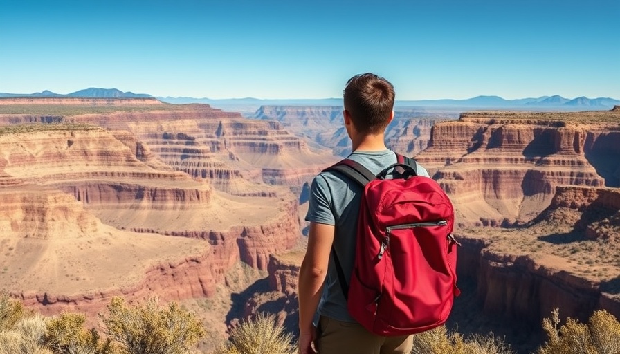 Young hiker enjoys canyon view, embodying home and travel balance.
