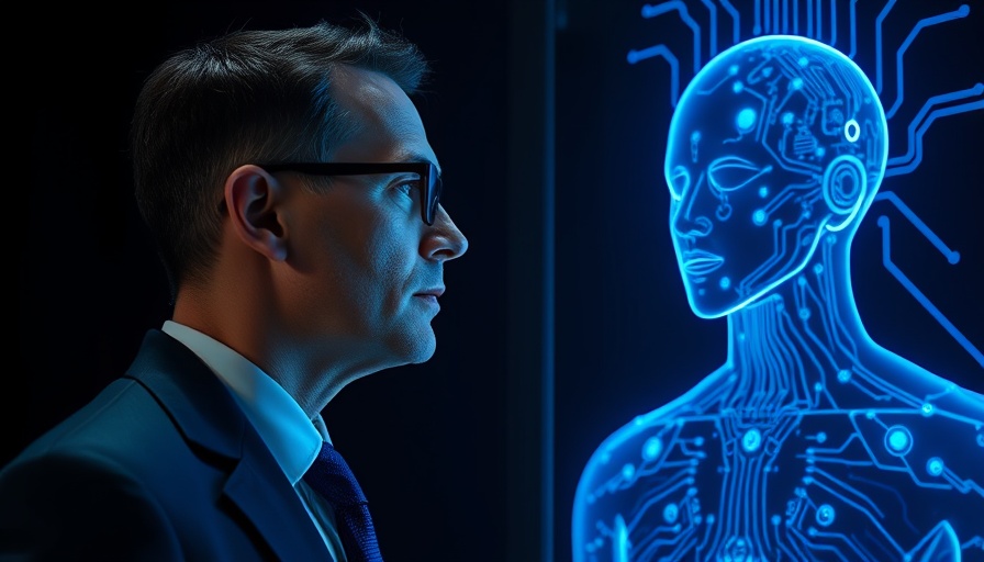 Thoughtful man facing AI hologram, representing AI Lead With Soul.