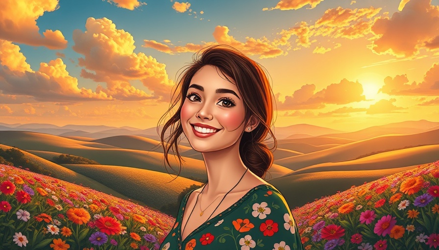 Serene woman in scenic cartoon landscape, thriving beyond survival.