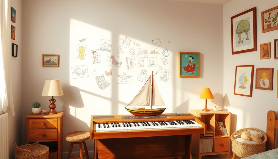 Childhood bedroom with drawings and keyboard, cleaning out memories.