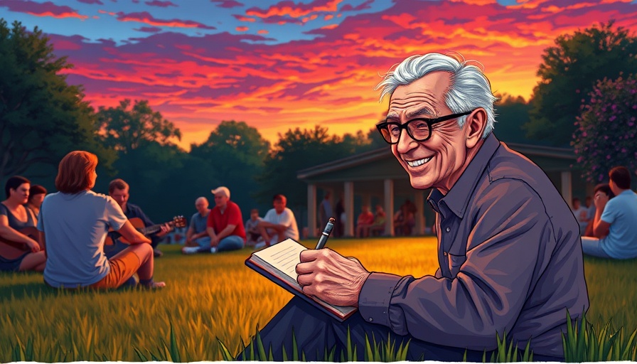 Elderly man writing in park as group listens to guitarist, colorful illustration.