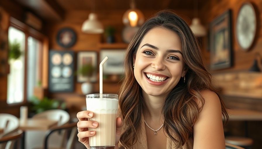 Cheerful woman enjoying milkshake at vintage café.