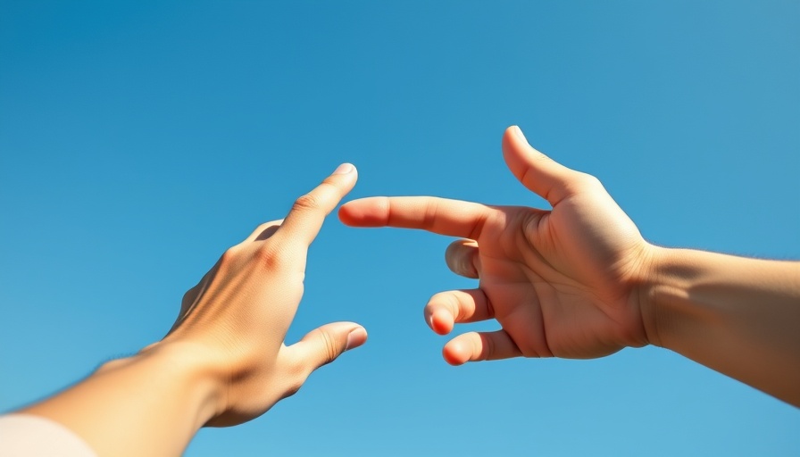 Hands reaching out against a blue sky symbolizes hope, Help Gaza Families Starving.