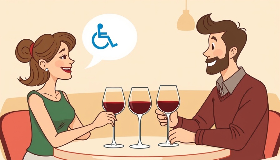 Dating while disabled illustrated conversation over wine.