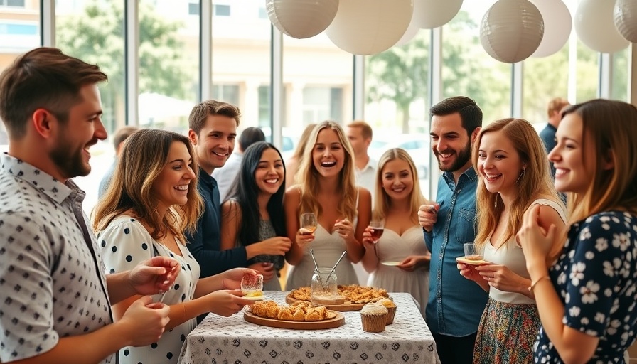 Friends enjoying a vibrant baby shower inside a bright venue.