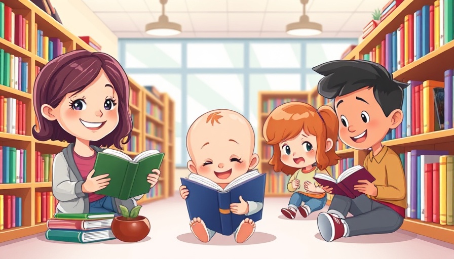 Cartoon of things I love at the library: books, tutoring, displays.