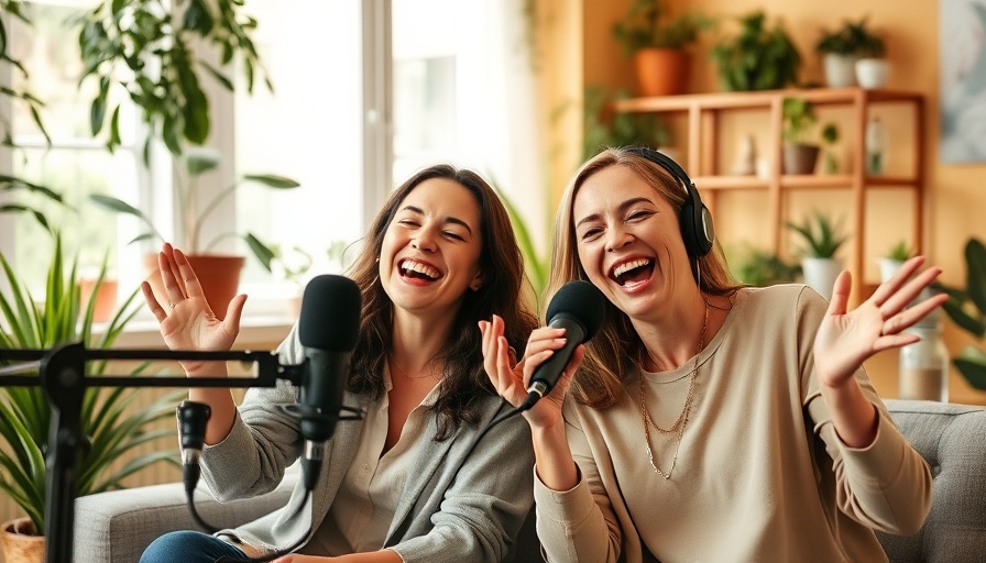 Midlife crisis therapist advice podcast recording with energetic hosts in cozy setting.