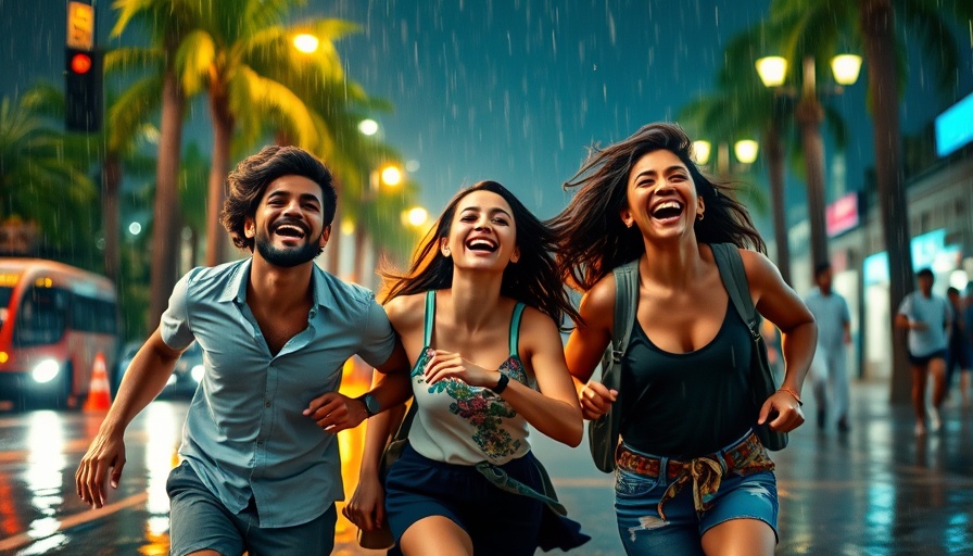 Group running joyfully in the rain, living boldly with colorful background.