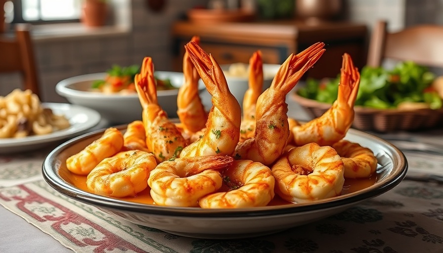 Freddie’s Baked Shrimp Recipe displayed with pasta and salad on a table.