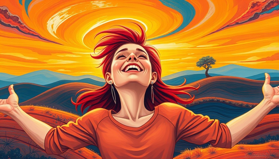 Red-haired woman embracing life, swirling sunset, finding joy again after loss.