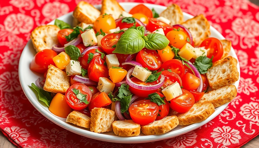 Dan Pelosi Panzanella Salad: vibrant tomatoes and bread on red cloth.