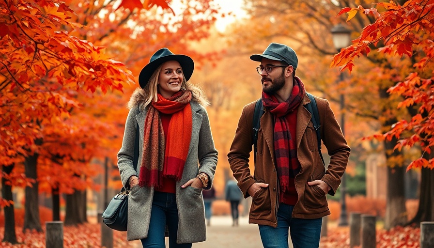 Stylish fall fashion trends in a park with vibrant autumn leaves.