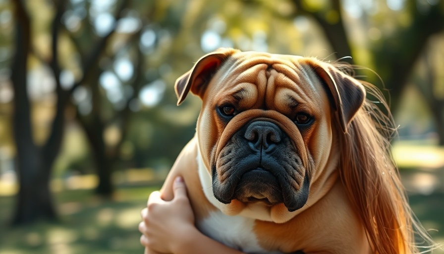 Woman holding bulldog, relaxing in a park, have a great weekend