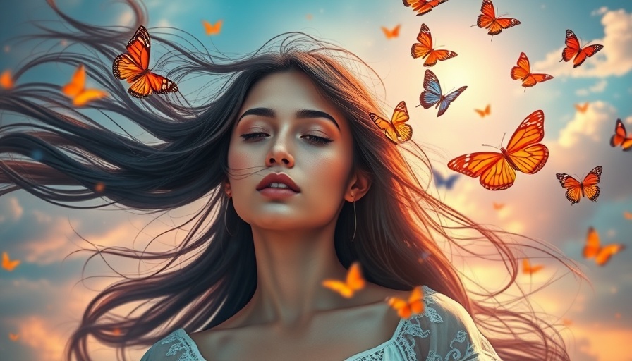 Graceful woman releasing butterflies for mental balance and growth.