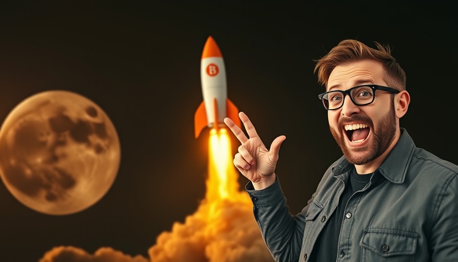 Excited man pointing at Bitcoin rocket in space, highlighting bitcoin price prediction.