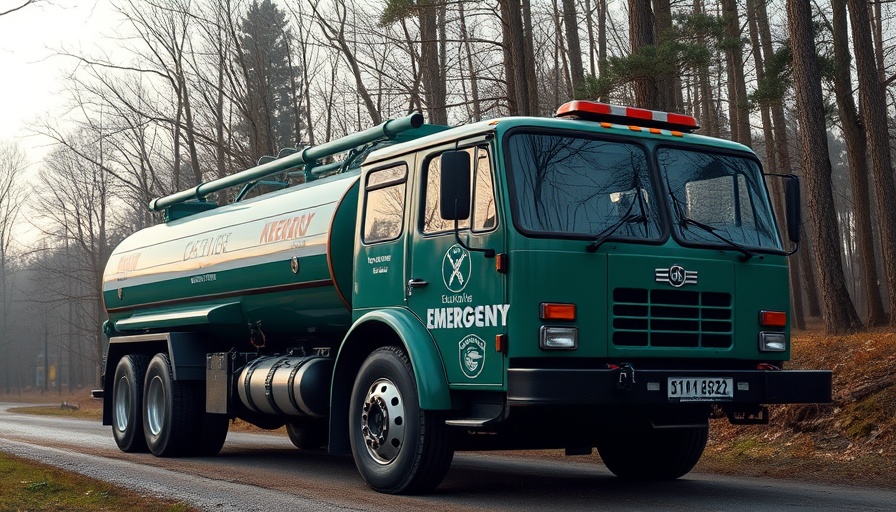 Green emergency services tanker promoting year-round fire safety.
