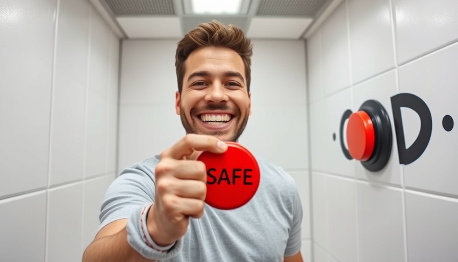 Cheerful man engaging in OCD treatment by pressing safe button.