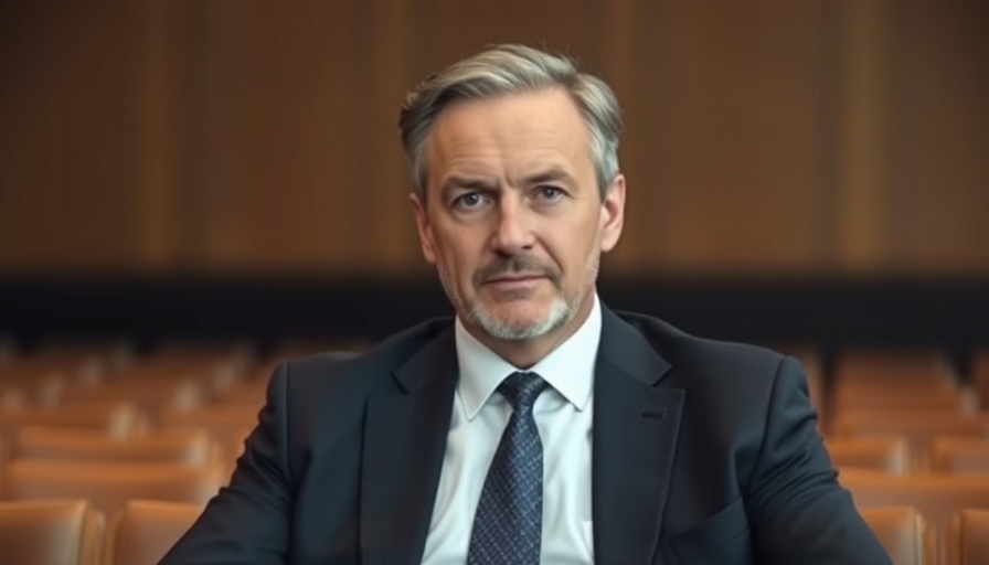 Man in a suit looking serious, indoor setting.