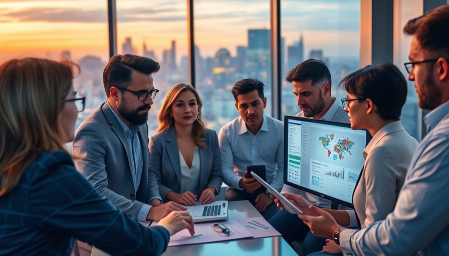 AI in digital marketing: team analyzing data in modern office.