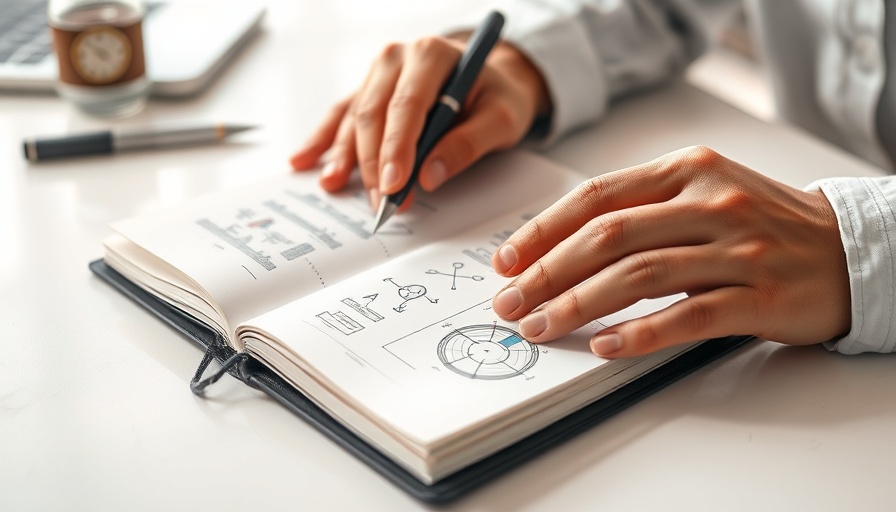 Person writing lean startup strategies in a notebook on a white table.