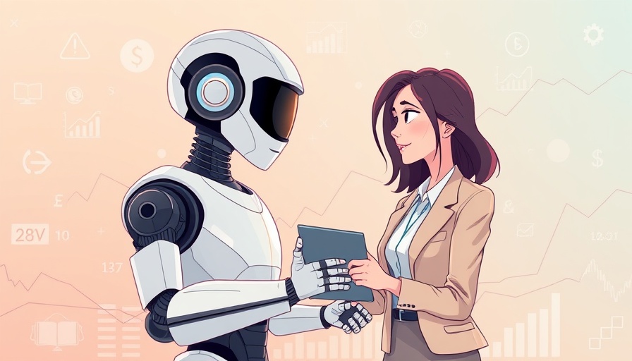AI agents in finance illustration with robot and businesswoman.
