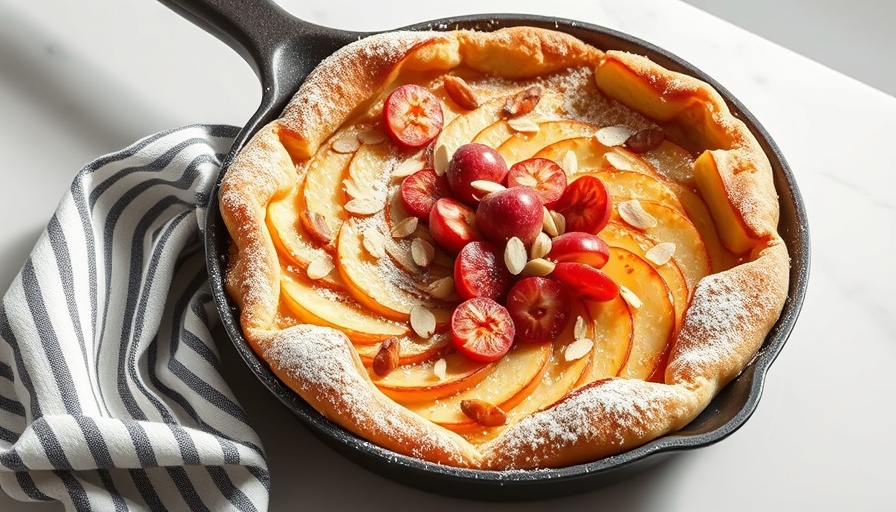 Apple Dutch baby pancake with fresh peaches in a skillet.