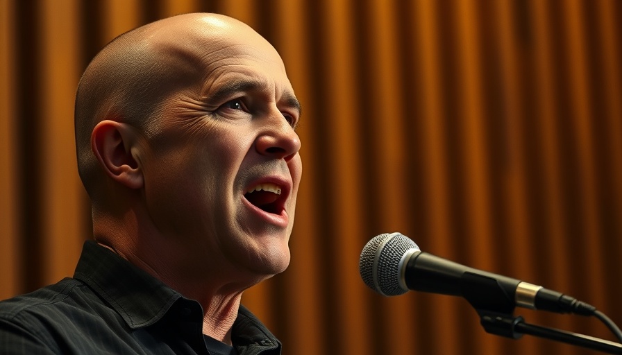 Are You Everywhere? Bald man speaking into microphone, warm setting.