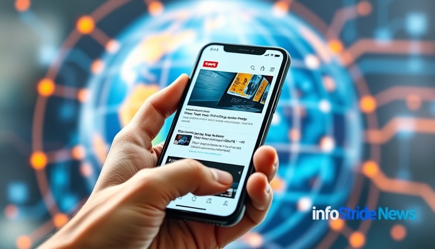 Digital news app display with futuristic backdrop.
