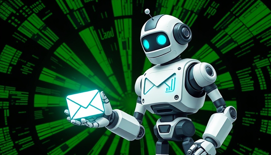 Futuristic digital robot with email icon, email marketing metrics 2025.