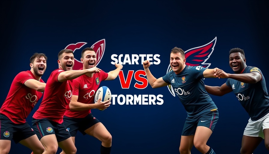 Rugby players in Scarlets and Stormers jerseys with team logos.