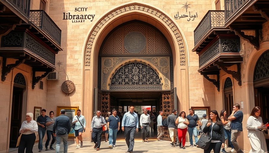 Visitors outside a historic library, showcasing North African architecture in daylight.