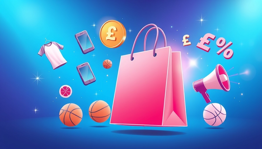 Black Friday social media marketing UK illustration with pink bag, icons.