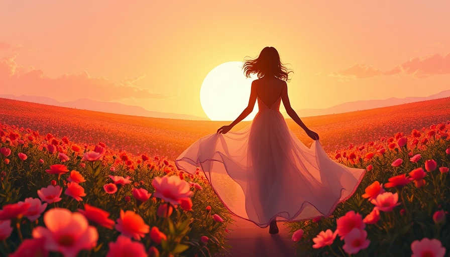 Woman walking towards sunrise in vibrant flower path, symbolizing mindfulness and self-discovery.