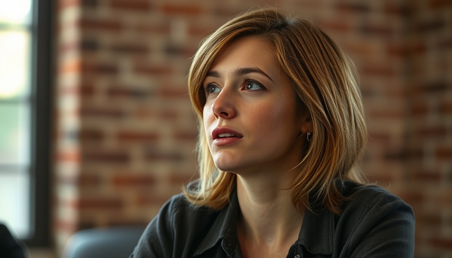 Engaged person indoors with soft lighting and brick wall.